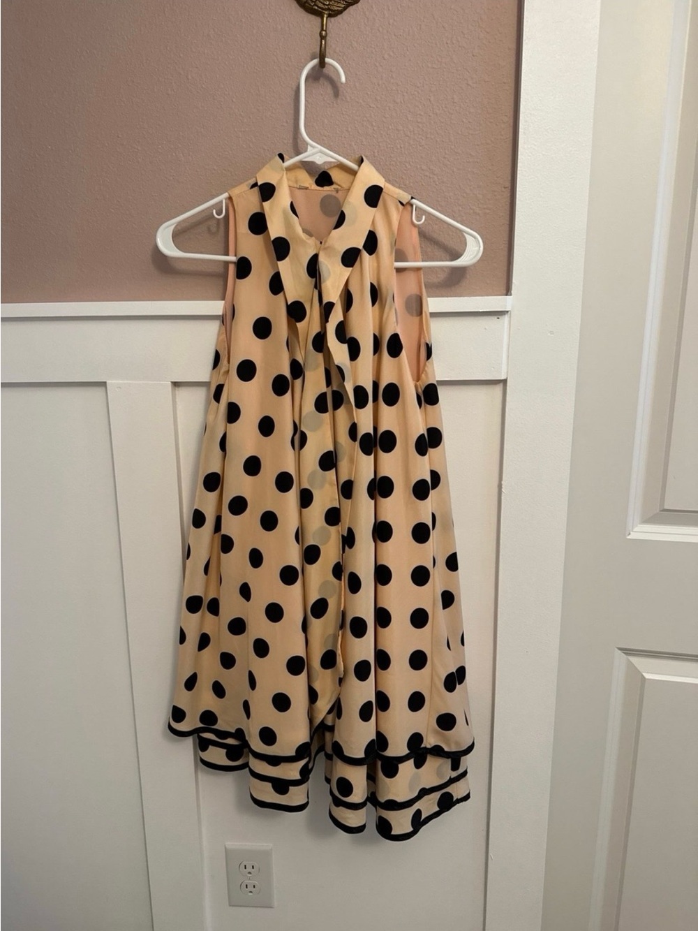 Beige Polka Dot Sleeveless Midi Dress with Black Trim - Picture 2 of 3